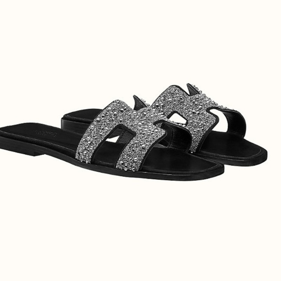 Hermes Oran Sandal with Crystals size 40eu/ 10US Limited Edition Black Leather - Picture 11 of 17